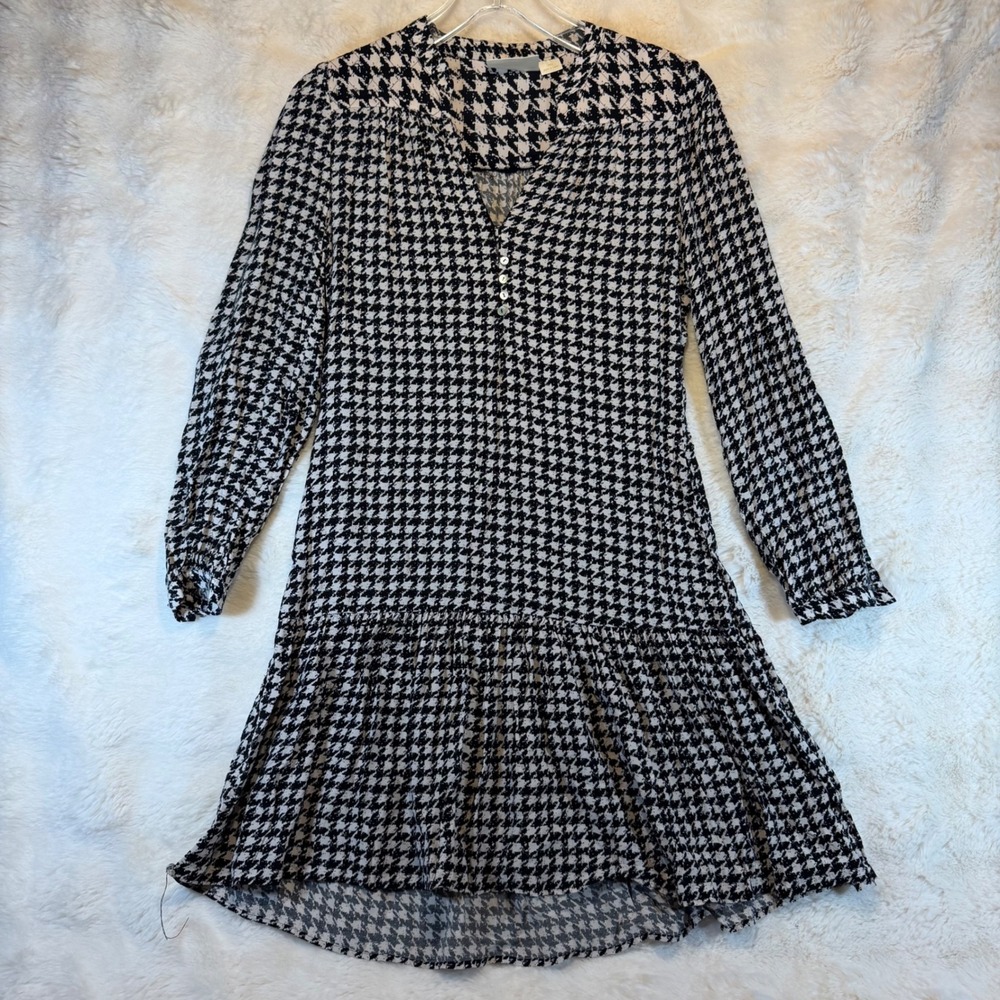 Maeve Anthropologie Womens Houndstooth Mini Dress Black White Long Sleeve‎ Small